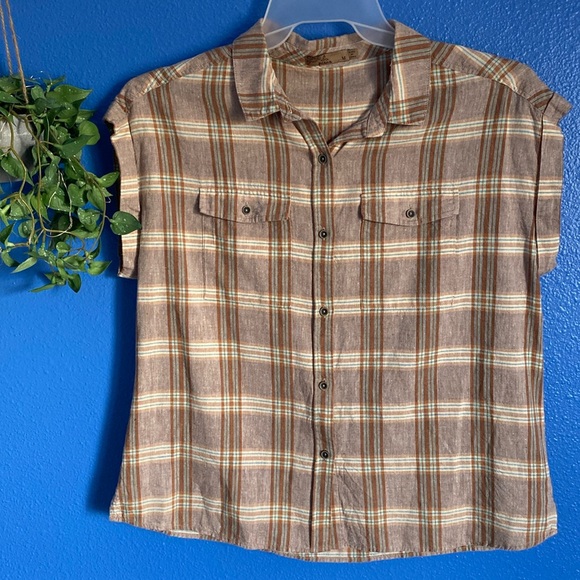 Prana Women’s McCray Button Down Top. Driftwood Plaid Color. Hemp Blend, Size M. - Picture 2 of 12